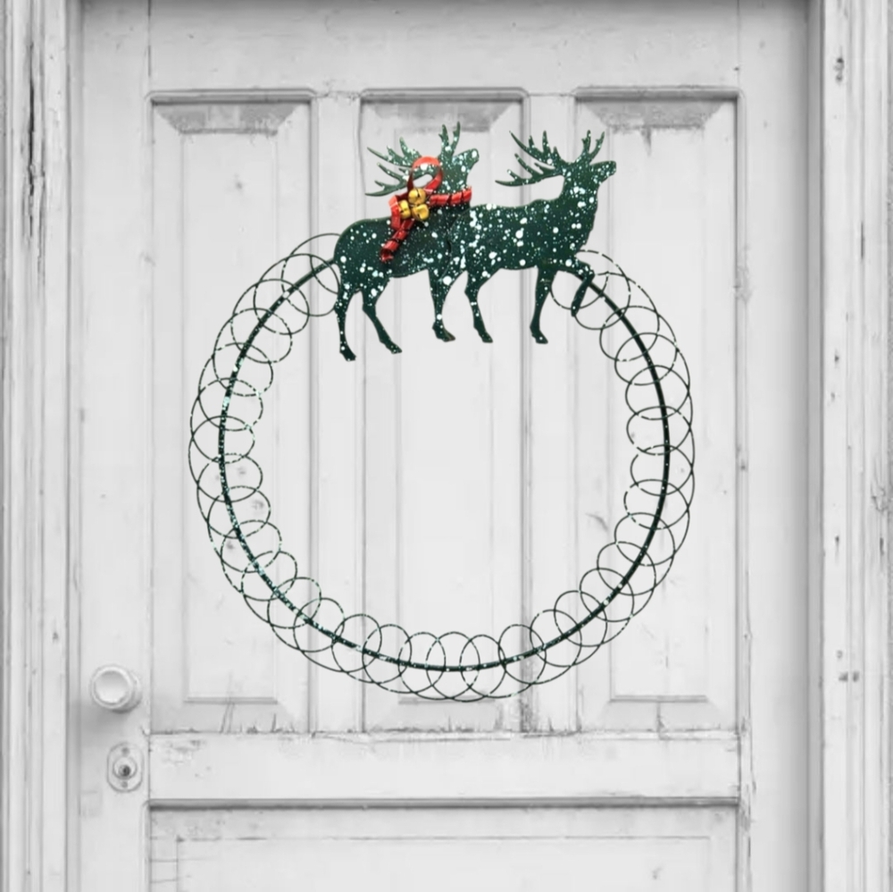 Vintage Green Two Metal Moose Spiraling Rustic Wreath Holiday Decor Cabin